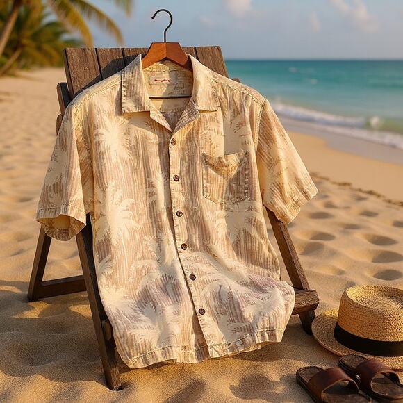 TOMMY BAHAMA 100% Silk Hawaiian Camp Shirt Khaki Palm Tree Vacation Mens Large - Picture 1 of 6
